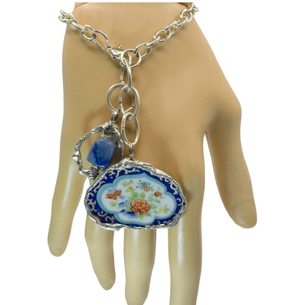 Broken China & Sodalite Charm Bracelet with Artisan Silver-Blend Boho Metalwork